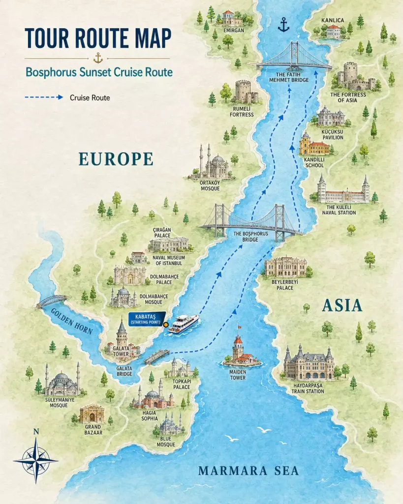 bosphorus sunset cruise route map