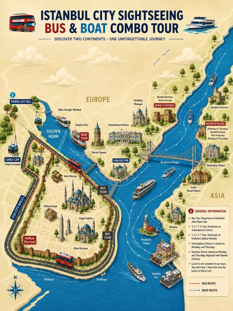 Istanbul City Sightseeing Bus and Boat Combo Tour tour route map