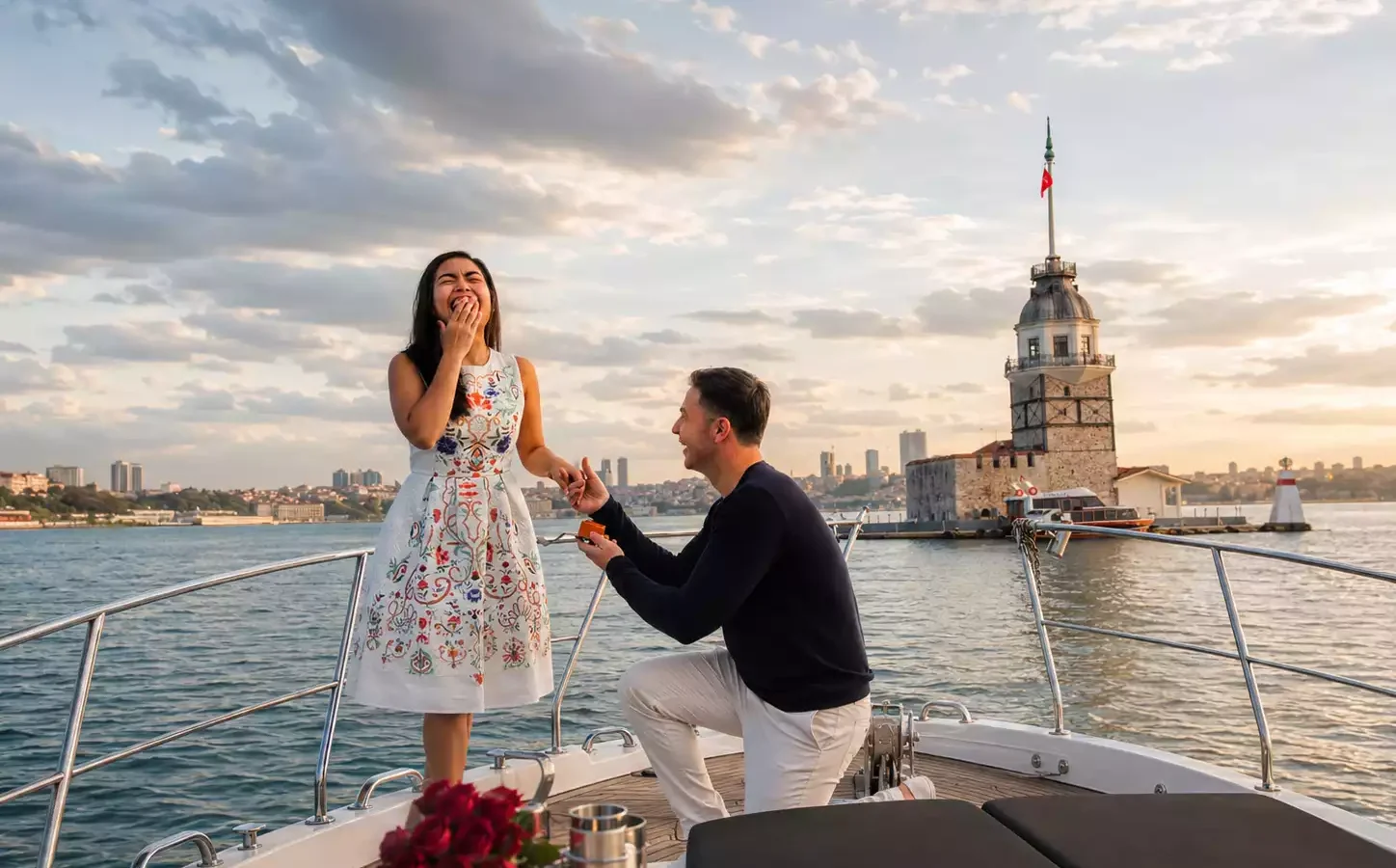 Marriage Proposal on a private yacht in Istanbul - Maiden Tower